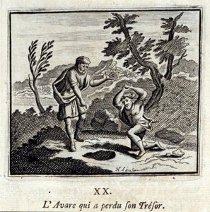Der Geizige, der seinen Schatz verlor. Fabeln von Jean de La Fontaine. Illustration von François Chauveau. Ausgabe von 1728.
