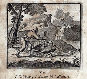 Der Vogel und die Lerche. Fabeln von Jean de La Fontaine. Illustration von François Chauveau. Ausgabe von 1728. von Francois Chauveau