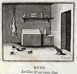 Die Katze und eine alte Ratte. Fabeln von Jean de La Fontaine. Illustration von François Chauveau. Ausgabe von 1728. von Francois Chauveau