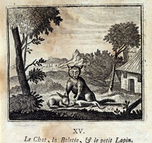 Die Katze, das Wiesel und das kleine Kaninchen. Fabeln von Jean de La Fontaine. Illustration von François Chauveau. Ausgabe von 1728. von Francois Chauveau