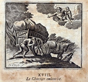 Der Fuhrmann wird belästigt. Fabeln von Jean de La Fontaine (1621-95). Illustration von François Chauveau (1613-1676). Ausgabe von 1728.