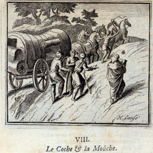 Der Karren und die Fliege. Fabeln von Jean de La Fontaine. Illustration von François Chauveau. Ausgabe von 1728
