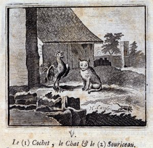 Der Hahn, die Katze und die Maus. Fabeln von Jean de La Fontaine (1621-95). Illustration von François Chauveau (1613-1676). Ausgabe von 1728