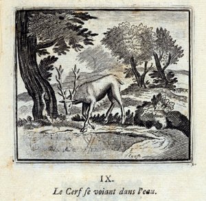 Der Hirsch, der sich im Wasser sieht. Fabeln von Jean de La Fontaine (1621-95). Illustration von François Chauveau (1613-1676). Ausgabe von 1728. von Francois Chauveau