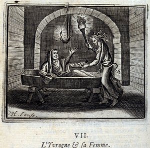 Der Betrunkene und seine Frau. Fabeln von Jean de La Fontaine (1621-95). Illustration von François Chauveau (1613-1676). Ausgabe von 1728. von Francois Chauveau