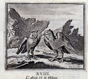 Der Adler und die Eule. Fabeln von Jean de La Fontaine. Illustration von François Chauveau. Ausgabe von 1728. von Francois Chauveau