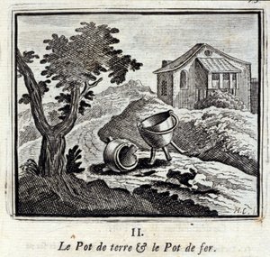 Der Tontopf und der Eisentopf. Fabeln von Jean de La Fontaine. Illustration von François Chauveau. Ausgabe von 1728. von Francois Chauveau