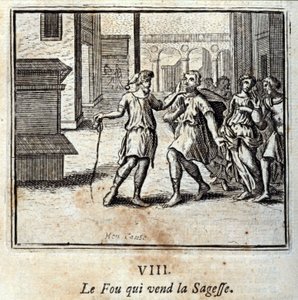 Der Narr, der Weisheit verkauft. Fabeln von Jean de La Fontaine. Illustration von François Chauveau. Ausgabe von 1728.
