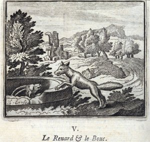 Der Fuchs und der Bock. Fabeln von Jean de La Fontaine (1621-95). Illustration von François Chauveau (1613-1676). Ausgabe von 1728