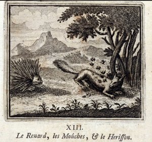 Der Fuchs, die Fliegen und der Igel. Fabeln von Jean de La Fontaine. Illustration von François Chauveau. Ausgabe von 1728. von Francois Chauveau