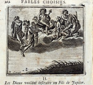 Die Götter wollen einen Sohn des Jupiter lehren. Fabeln von Jean de La Fontaine. Illustration von François Chauveau. Ausgabe von 1728. von Francois Chauveau
