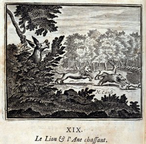 Der Löwe und der Esel auf der Jagd. Fabeln von Jean de La Fontaine (1621-95). Illustration von François Chauveau (1613-1676). Ausgabe von 1728.