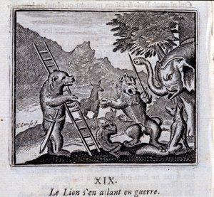 Der Löwe zieht in den Krieg. Fabeln von Jean de La Fontaine (1621-95). Illustration von François Chauveau (1613-1676). Ausgabe von 1728. von Francois Chauveau