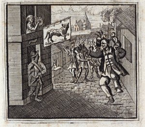 Der Affe und der Leopard. Fabeln von Jean de La Fontaine. Illustration von François Chauveau. Ausgabe von 1728. von Francois Chauveau