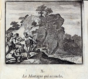 Der Berg, der gebiert. Fabeln von Jean de La Fontaine. Illustration von François Chauveau. Ausgabe von 1728.