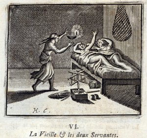 Die alte Dame und die zwei Diener. Fabeln von Jean de La Fontaine. Illustration von François Chauveau. Ausgabe von 1728.