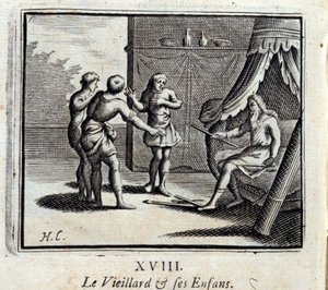 Der alte Mann und seine Kinder. Fabeln von Jean de La Fontaine. Illustration von François Chauveau. Ausgabe von 1728.
