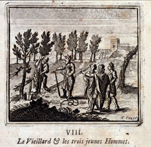 Der alte Mann und die drei jungen Männer. Fabeln von Jean de La Fontaine (1621-95). Illustration von François Chauveau (1613-1676). Ausgabe von 1728