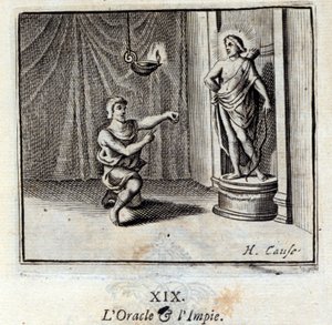 Das Orakel und der Gottlose. Fabeln von Jean de La Fontaine. Illustration von François Chauveau. Ausgabe von 1728.