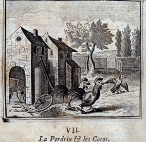 Das Rebhuhn und die Hähne. Fabeln von Jean de La Fontaine. Illustration von François Chauveau. Ausgabe von 1728.