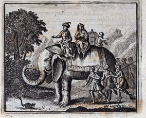 Die Ratte und der Elefant. Fabeln von Jean de La Fontaine. Illustration von François Chauveau. Ausgabe von 1728.