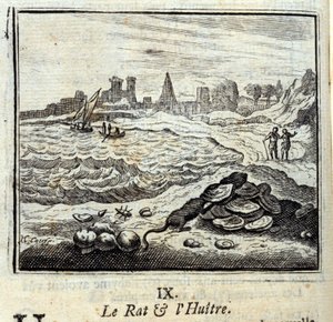 Die Ratte und der Richter. Fabeln von Jean de La Fontaine. Illustration von François Chauveau. Ausgabe von 1728. von Francois Chauveau
