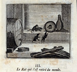 Die Ratte, die sich aus der Welt zurückzog. Fabeln von Jean de La Fontaine (1621-95). Illustration von François Chauveau (1613-1676). Ausgabe von 1728