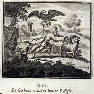 Der Rabe, der den Adler nachahmen wollte. Fabeln von Jean de La Fontaine. Illustration von François Chauveau. Ausgabe von 1728.