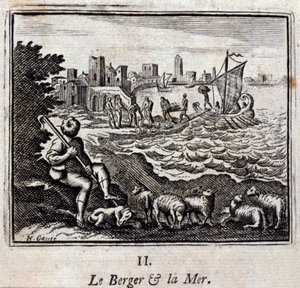 Der Hirte und das Meer. Fabeln von Jean de La Fontaine (1621-95). Illustration von François Chauveau (1613-1676). Ausgabe von 1728 von Francois Chauveau