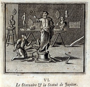 Der Bildhauer und die Statue des Jupiter. Fabeln von Jean de La Fontaine (1621-95). Illustration von François Chauveau (1613-1676). Ausgabe von 1728