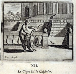 Der Schwan und der Koch. Fabeln von Jean de La Fontaine. Illustration von François Chauveau. Ausgabe von 1728.
