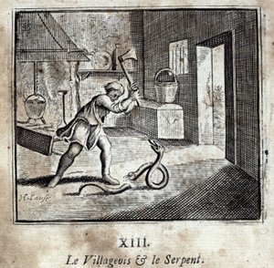 Der Dorfbewohner und die Schlange. Fabeln von Jean de La Fontaine (1621-95). Illustration von François Chauveau (1613-1676). Ausgabe von 1728.