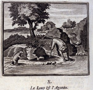 Der Wolf und das Lamm. Fabeln von Jean de La Fontaine. Illustration von François Chauveau. Ausgabe von 1728.