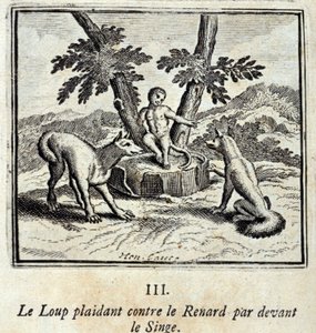 Der Wolf klagt gegen den Fuchs vor dem Affen. Fabeln von Jean de La Fontaine (1621-95). Illustration von François Chauveau (1613-1676). Ausgabe von 1728.