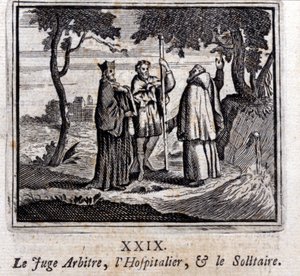 Der Richter schiedsrichtet den Hospitaliter und den Einsiedler. Fabeln von Jean de La Fontaine. Illustration von François Chauveau. Ausgabe von 1728