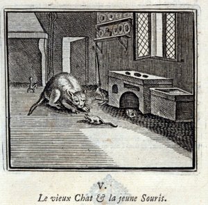 Die alte Katze und die junge Maus. Fabeln von Jean de La Fontaine. Illustration von François Chauveau. Ausgabe von 1728.