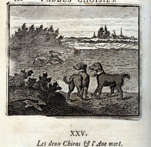 Die zwei Hunde und der tote Esel. Fabeln von Jean de La Fontaine (1621-95). Illustration von François Chauveau (1613-1676). Ausgabe von 1728 von Francois Chauveau