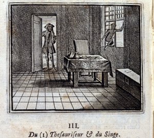 Der Schatzmeister und der Affe. Fabeln von Jean de La Fontaine. Illustration von François Chauveau. Ausgabe von 1728. von Francois Chauveau