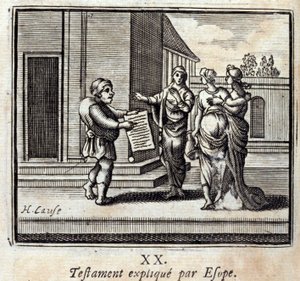 Testament erklärt von Äsop. Fabeln von Jean de La Fontaine (1621-95). Illustration von François Chauveau (1613-1676). Ausgabe von 1728. von Francois Chauveau