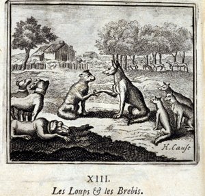 Wölfe und Schafe. Fabeln von Jean de La Fontaine. Illustration von François Chauveau. Ausgabe von 1728. von Francois Chauveau