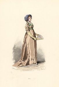 Frau in haselnussfarbenem Kleid, Fichu-Chemise und blauem Hut von Francois Claudius (after) Compte Calix