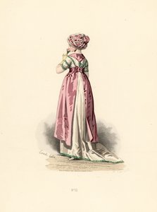 Frau im weißen Kleid und Korsage mit grünem Besatz, rosa Schürze von Francois Claudius (after) Compte Calix