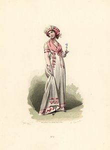 Frau im weißen Kleid, rosa Fichu und Korsage von Francois Claudius (after) Compte Calix