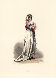 Frau im weißen Kleid mit schwarzem Samtbesatz