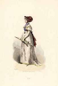 Frau im weißen Kleid mit strohfarbenem Besatz und Granatgürtel von Francois Claudius (after) Compte Calix
