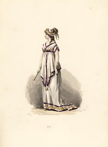 Frau im weißen Tunika-Kleid mit lila Samtbesatz von Francois Claudius (after) Compte Calix