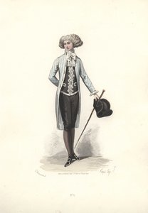 Eleganter Mann im gestreiften Mantel, Ära von Marie Antoinette.