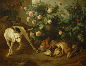 Hund bewacht Wild neben einem Rosenbusch von Francois Desportes