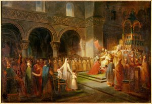 Die Krönung von Pippin dem Kurzen durch Papst Stephan II. in der Abtei Saint Denis am 28. Juli 754. Gemälde von Dubois Francois (1790-1871). 1837 von Francois Dubois