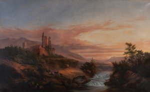Ruinen einer Burg in einem Tal in den Alpen (Beauvoir-en-Royans) um 1830
